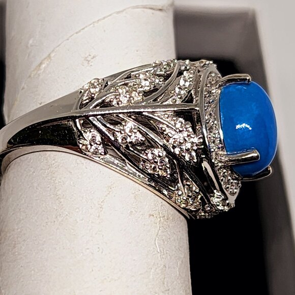 Ceruleite & Natural White Zircon halo ring in Rhodium over 925 SS 2.40ct size 6 - Picture 5 of 6